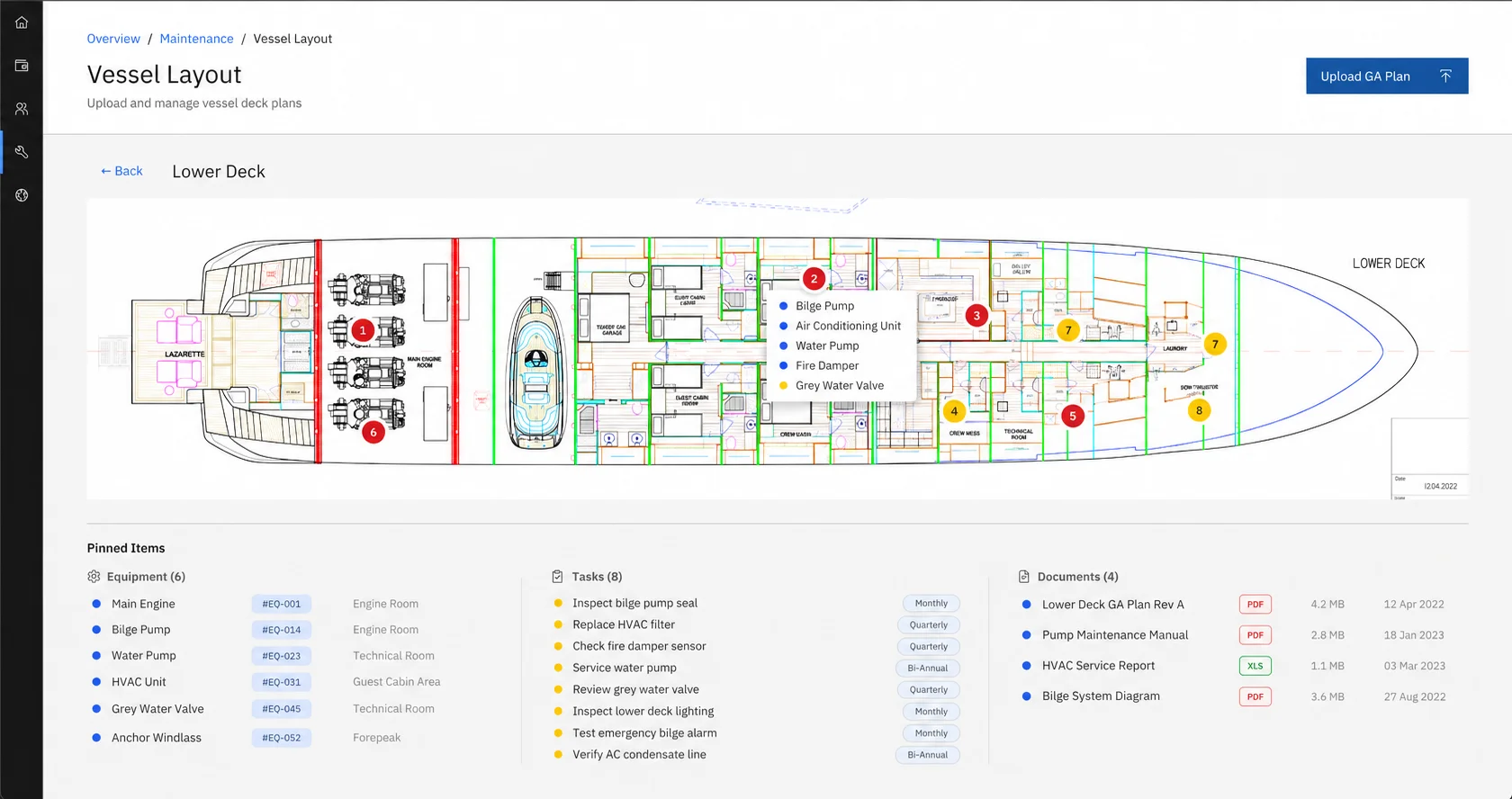 Lower deck plan with equipment and maintenance tasks pinned to it, and lists of the pinned equipment, tasks and documents