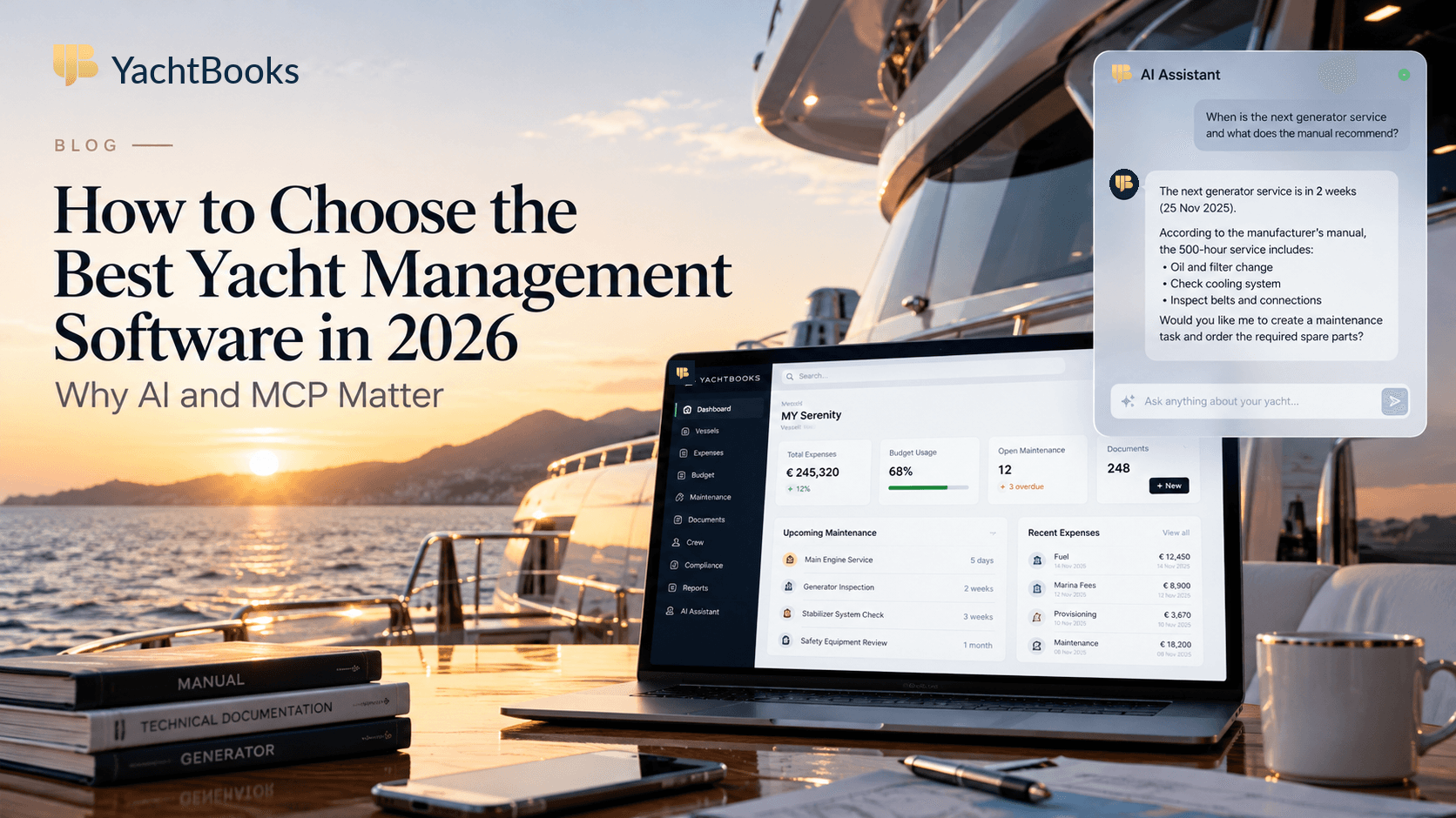 YachtBooks AI-powered yacht management software dashboard displayed on a laptop aboard a superyacht, featuring an AI assistant and branded payment cards.