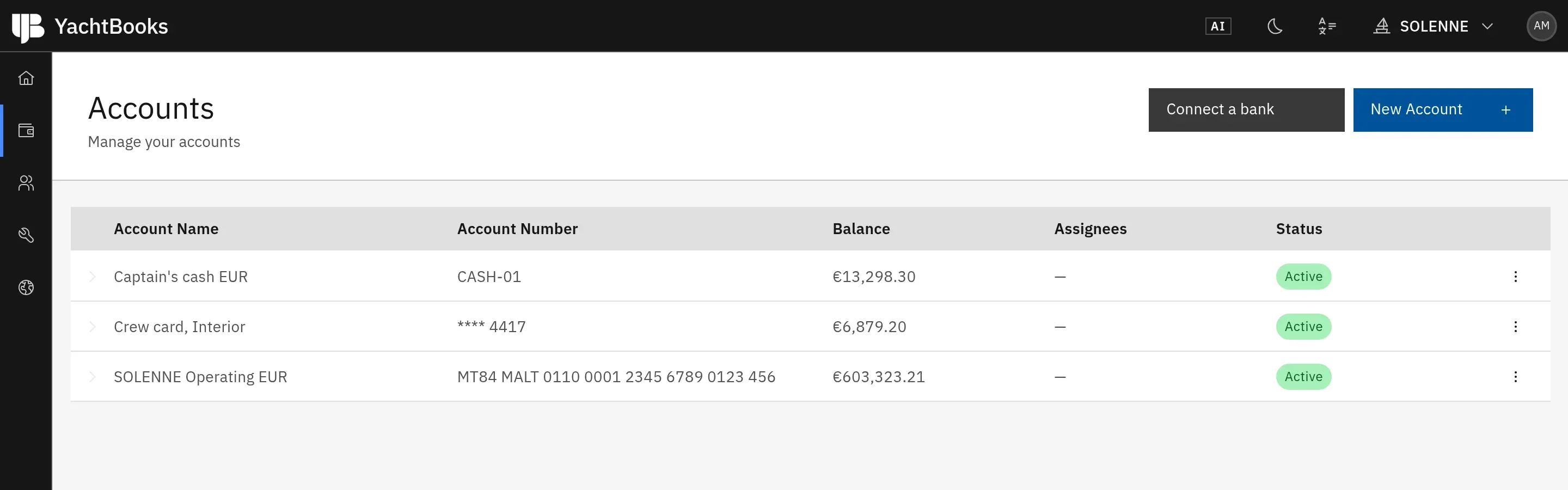 YachtBooks accounts with balances for the operating account, captain's cash and a crew card