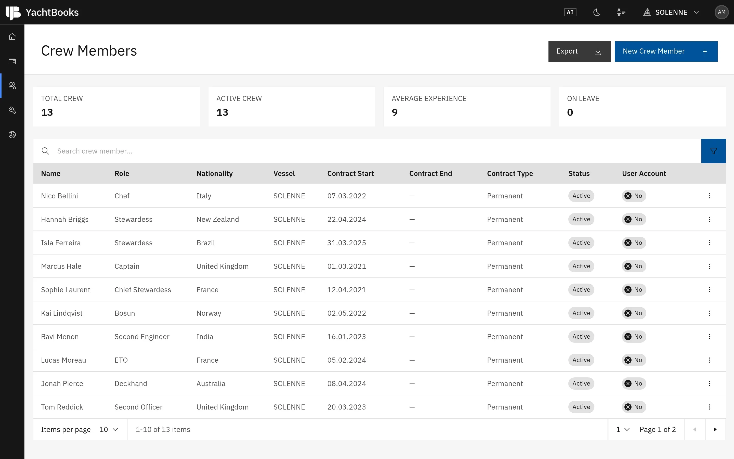 YachtBooks crew list with roles, nationalities, contracts and status
