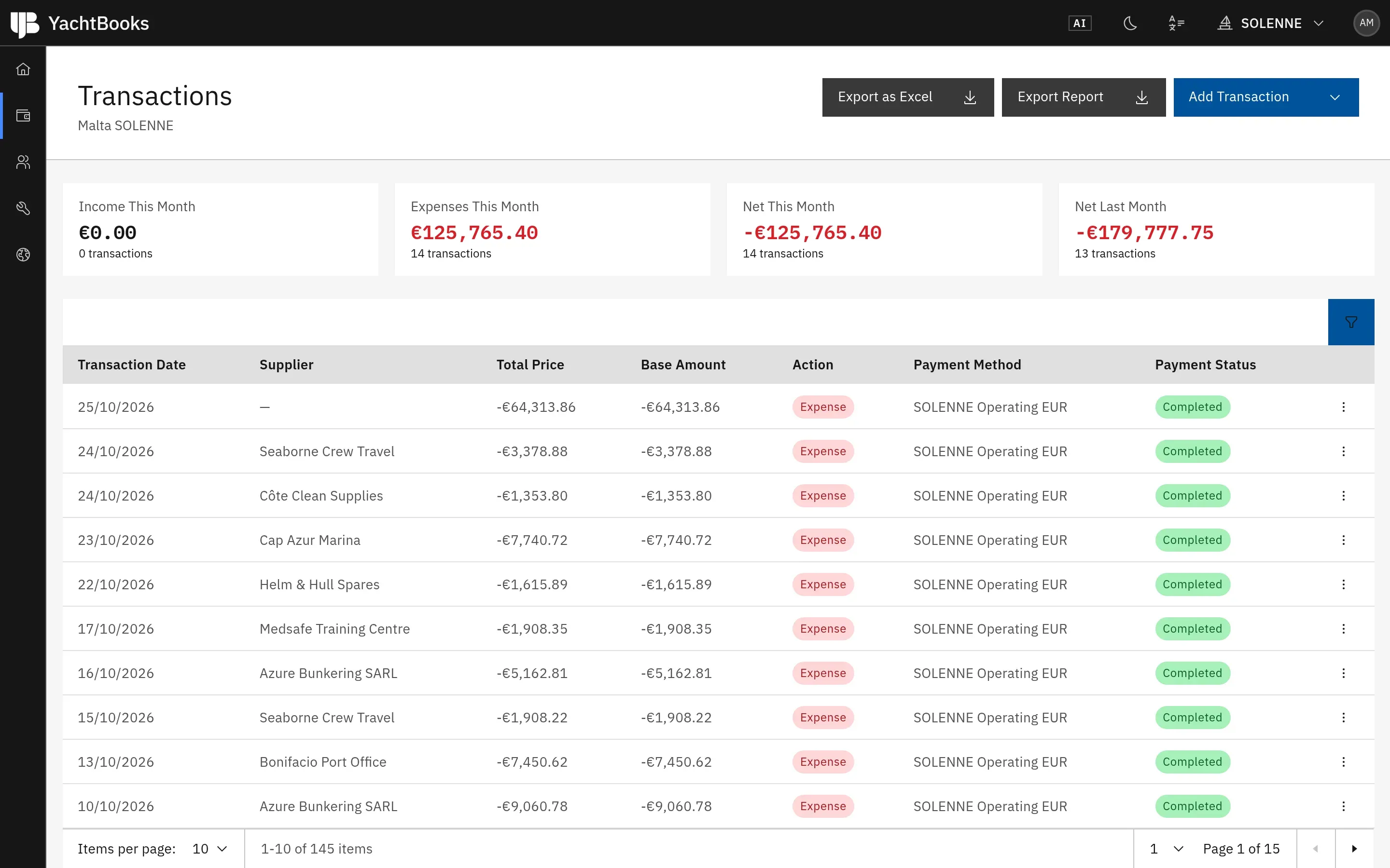 YachtBooks transactions list with this month's expenses, suppliers and payment status