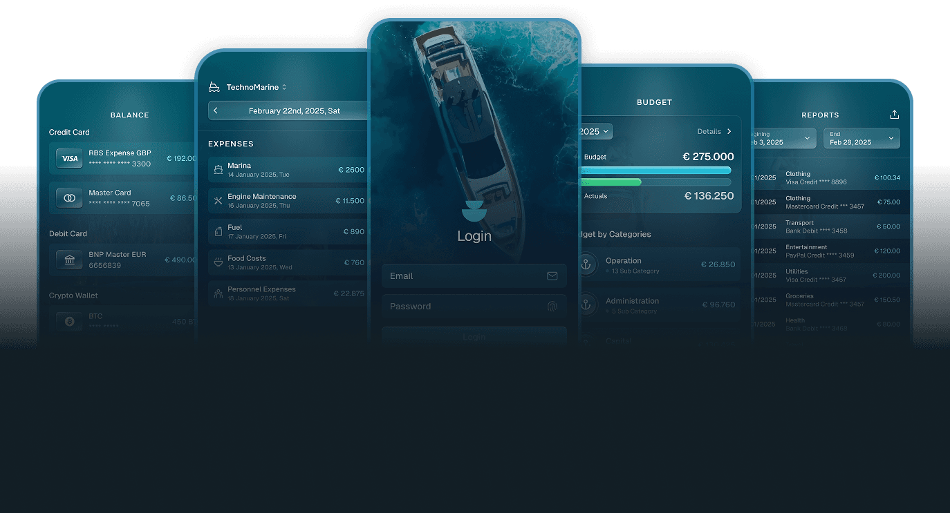 The YachtBooks phone app: card balances, expenses, sign-in, budget and reports